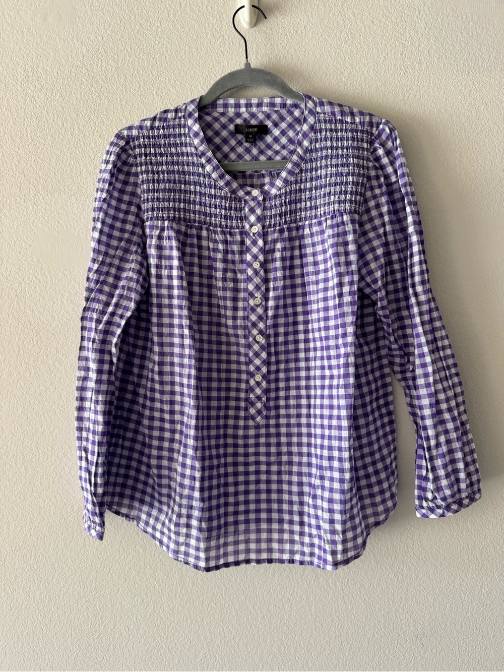 J. Crew Purple and White Gingham Smocked Collar Shirt